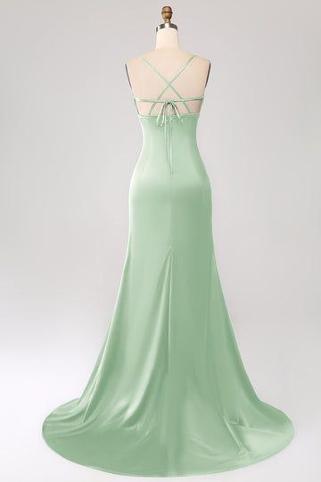 Dusty Sage Mermaid Spaghetti Straps Satin Ball Dress with Pleated